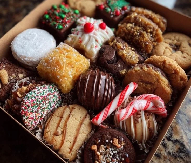 Assorted Christmas dessert box filled with holiday-themed sweets and treats