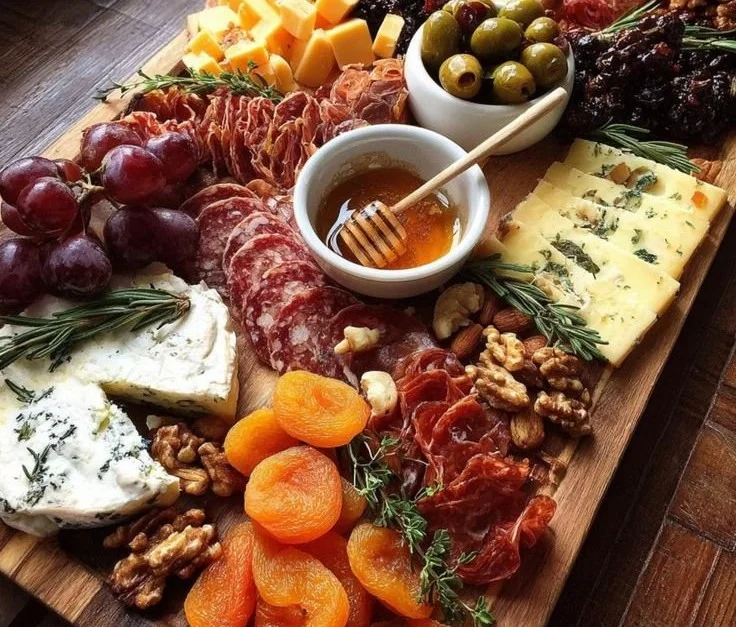 Beautifully arranged Christmas charcuterie boards with festive ingredients