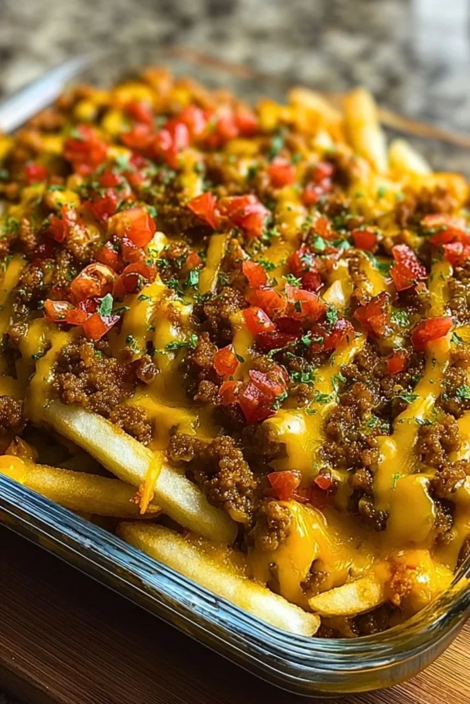 Cheeseburger casserole topped with crispy French fries and melted cheese