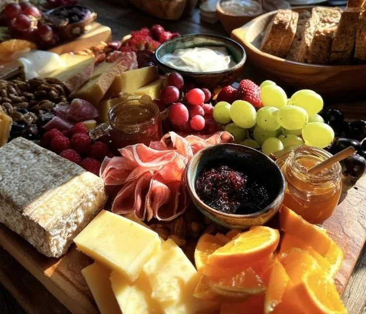 A beautifully arranged Christmas breakfast charcuterie board with seasonal treats.