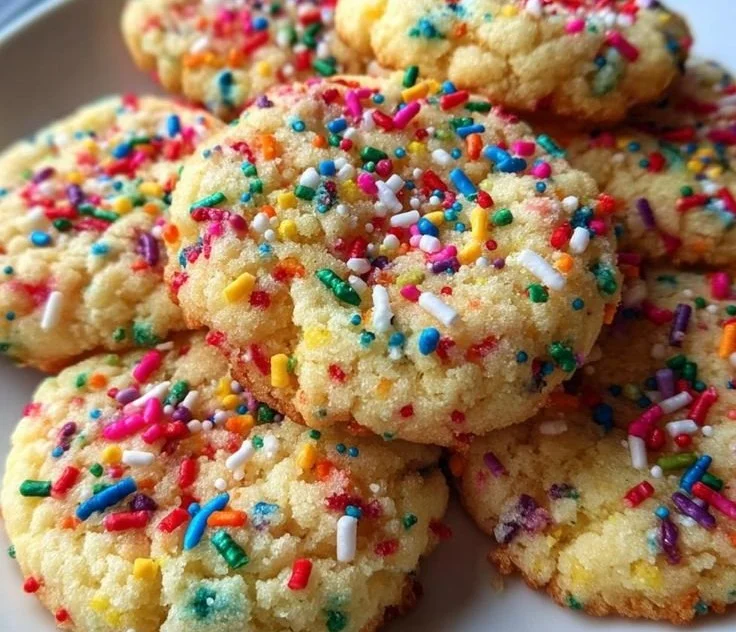 A plate of freshly baked Christmas butter cookies adorned with colorful sprinkles.