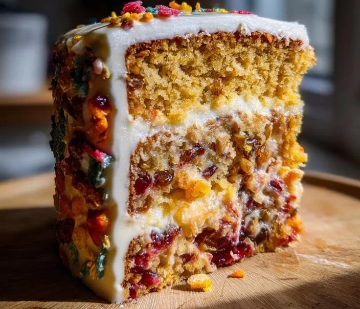 Delicious homemade Christmas Cake decorated with festive icing and fruits.