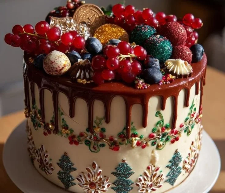 A beautifully decorated Christmas cake with colorful icing and festive ornaments.