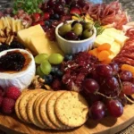 Beautifully arranged Christmas charcuterie board with festive cheeses and meats