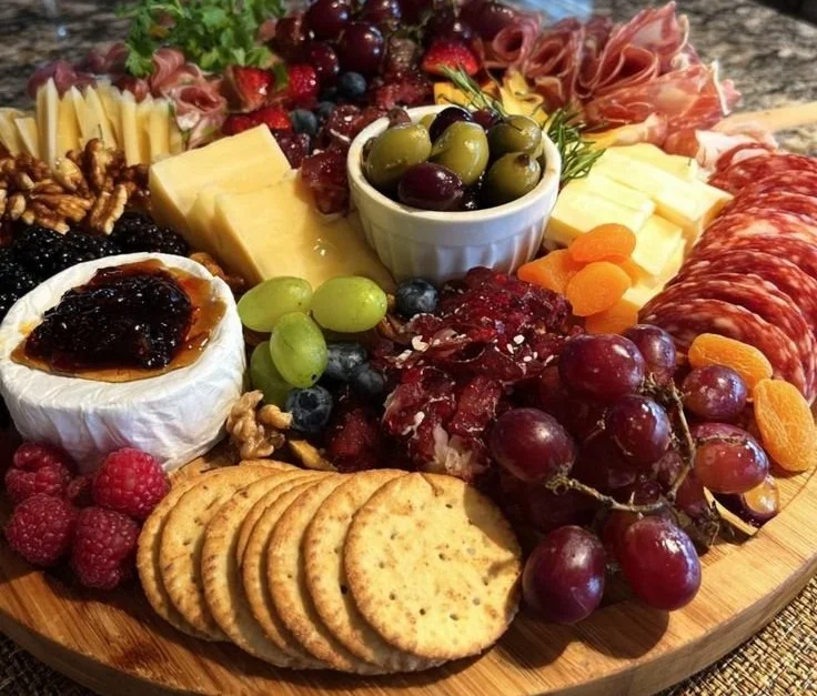 Beautifully arranged Christmas charcuterie board with festive cheeses and meats