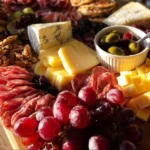 Beautiful Christmas charcuterie board filled with festive cheeses, meats, and garnishes.