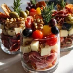 Festive Christmas charcuterie cups filled with cheese and meats.