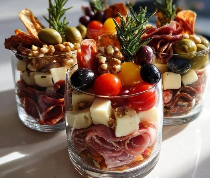Festive Christmas charcuterie cups filled with cheese and meats.