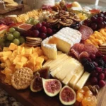 Beautifully arranged Christmas cheese board with festive decorations