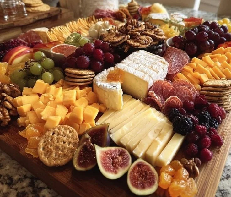 Beautifully arranged Christmas cheese board with festive decorations