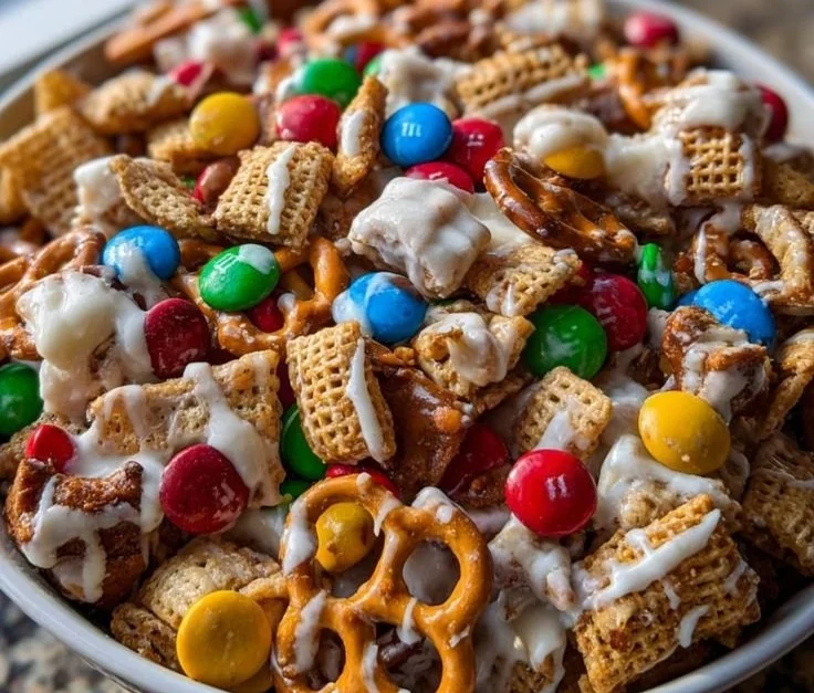 A bowl of homemade Christmas Chex Mix with festive holiday decorations.