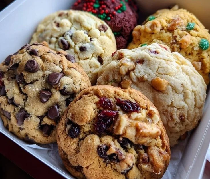 Colorful assortment of Christmas cookies in a festive box