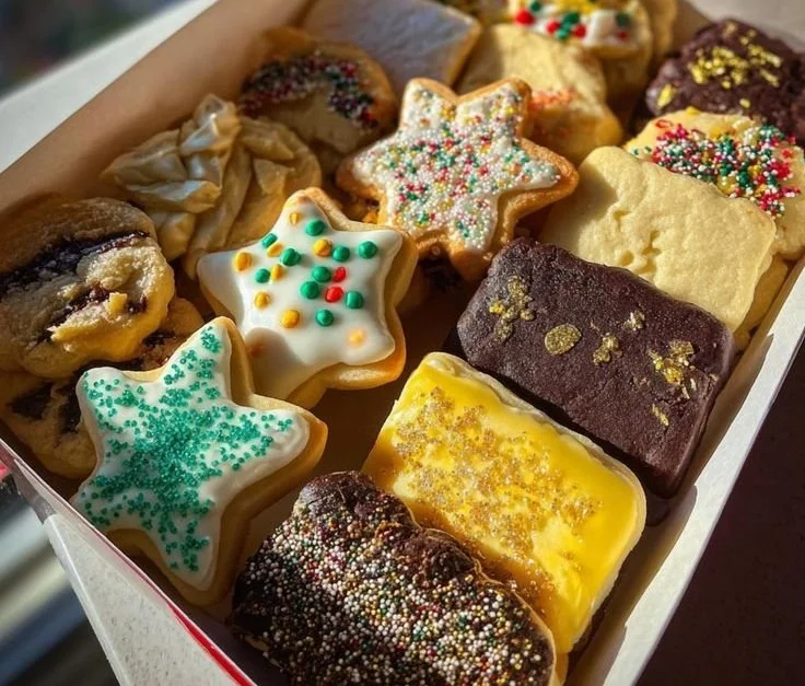 Festive Christmas cookie box filled with assorted holiday treats