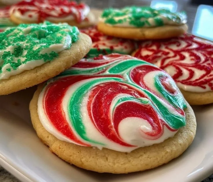 Colorful Christmas cookie frosting on festive holiday cookies