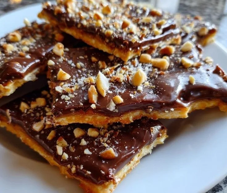 Delicious homemade Christmas Cracker Toffee with festive decorations.