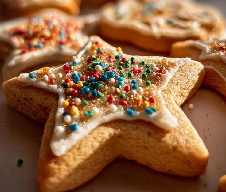 Decorated Christmas cut-out cookies in festive shapes
