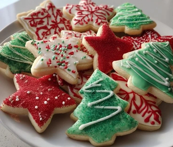 Decorated Christmas cutout cookies in festive shapes and colors