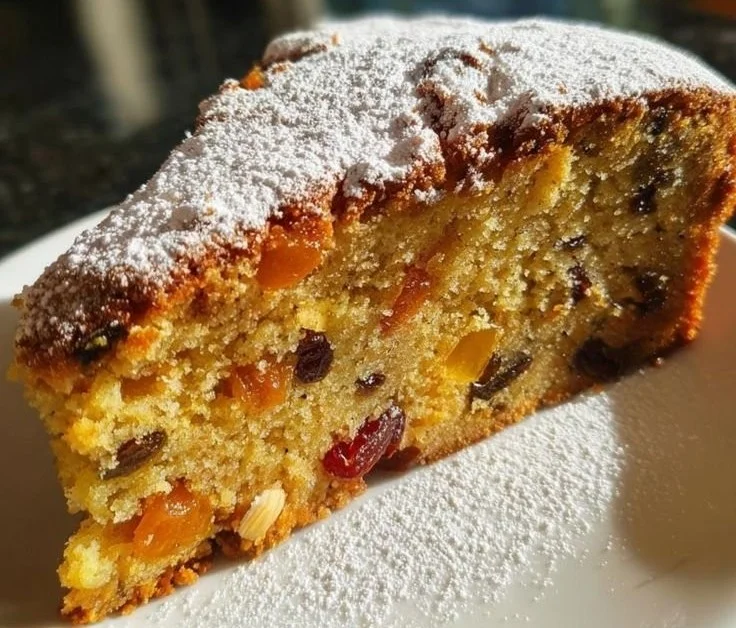 A beautifully decorated Christmas fruit cake with colorful fruits and nuts.