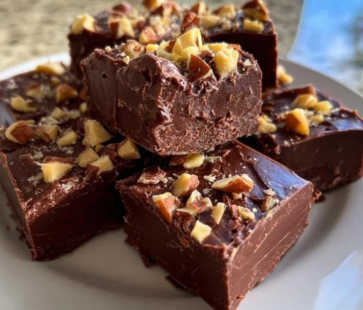 Delicious Christmas fudge served on a festive plate