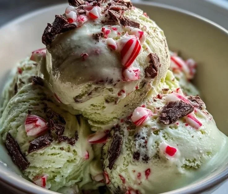 Delicious Christmas Ice Cream in a festive setting with holiday decorations.