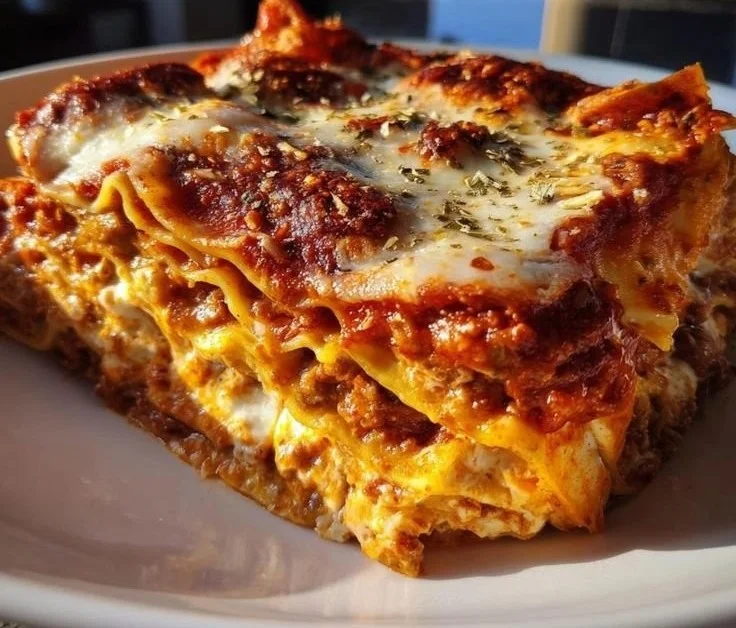 A delicious Christmas Lasagna topped with melted cheese and festive herbs.