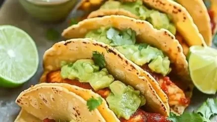 Flavor-packed chicken tacos topped with avocado tomatillo sauce