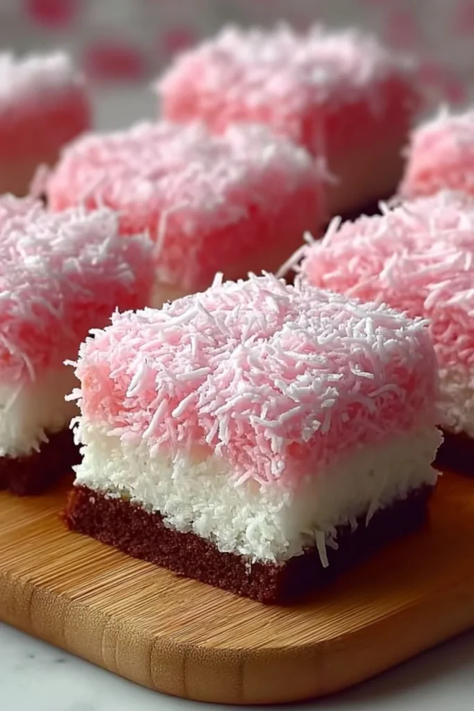 Pink Coconut Snowball Cake Bars topped with coconut flakes and colorful frosting